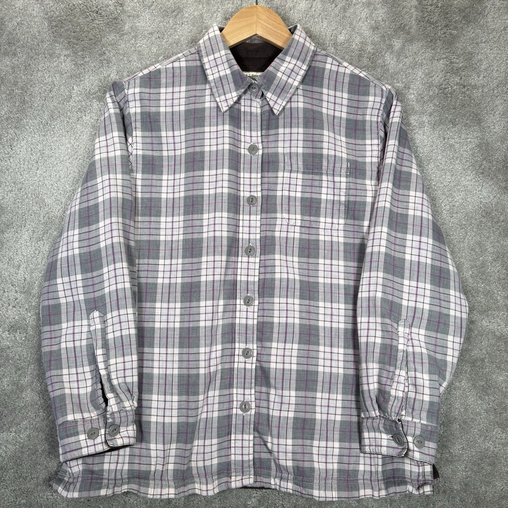 LL Bean Fleece Lined Flannel Shirt Womens S Petite Gray Purple Plaid Shacket